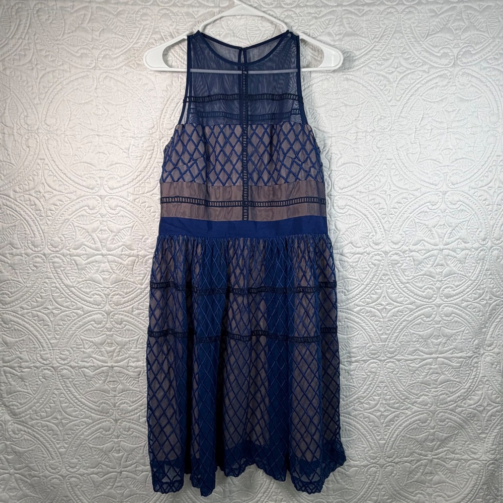 Donna Morgan Navy Blue Mesh Diamond Lattice Illusion Cocktail Dress D4216M 10